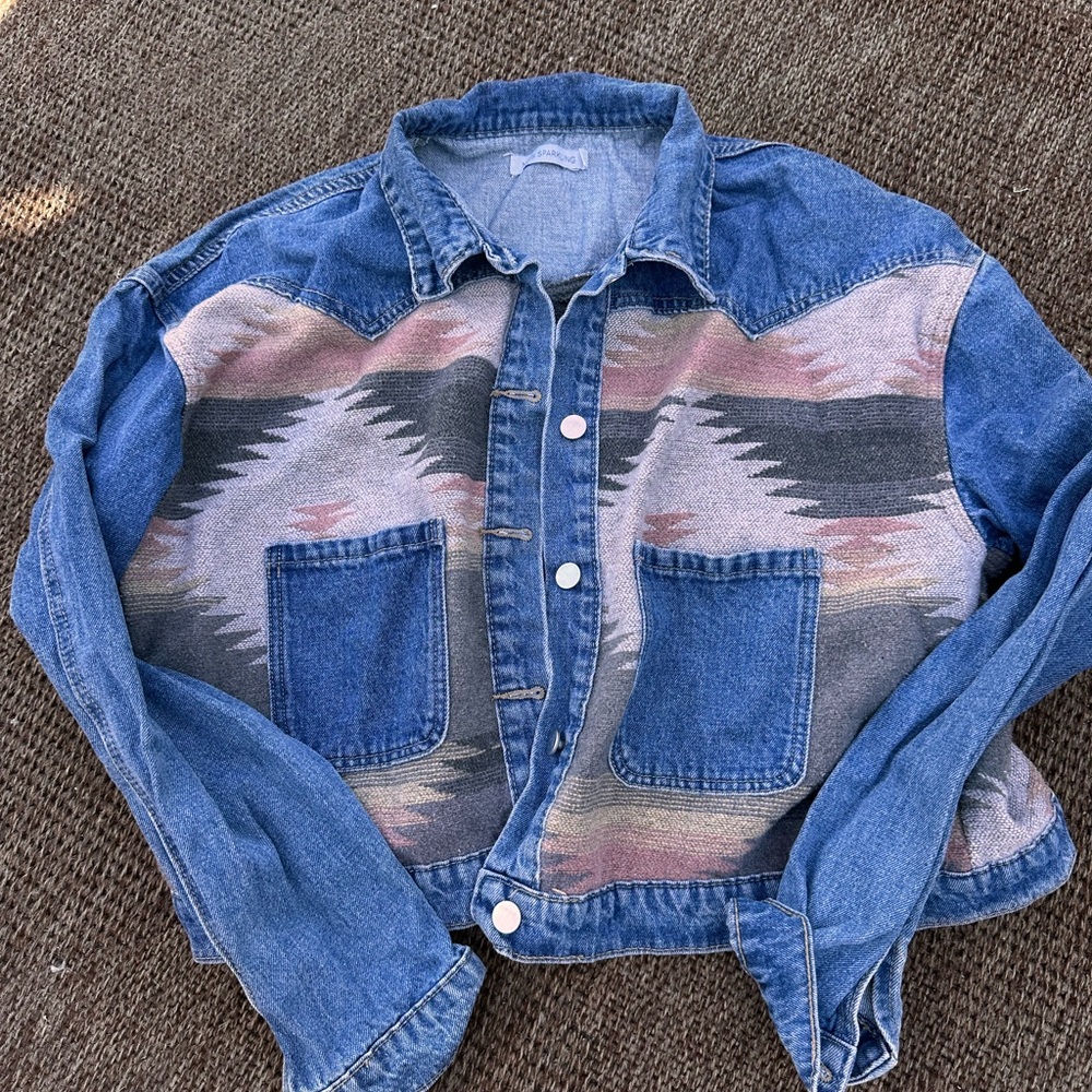 Denim Jacket with Southwestern Pattern